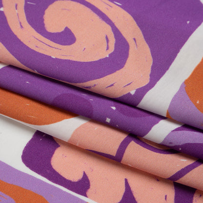Sustainable and Recycled Viscose Satin Print - Purple and Orange Doodle Patches - Mood Exclusive Place in Space Full