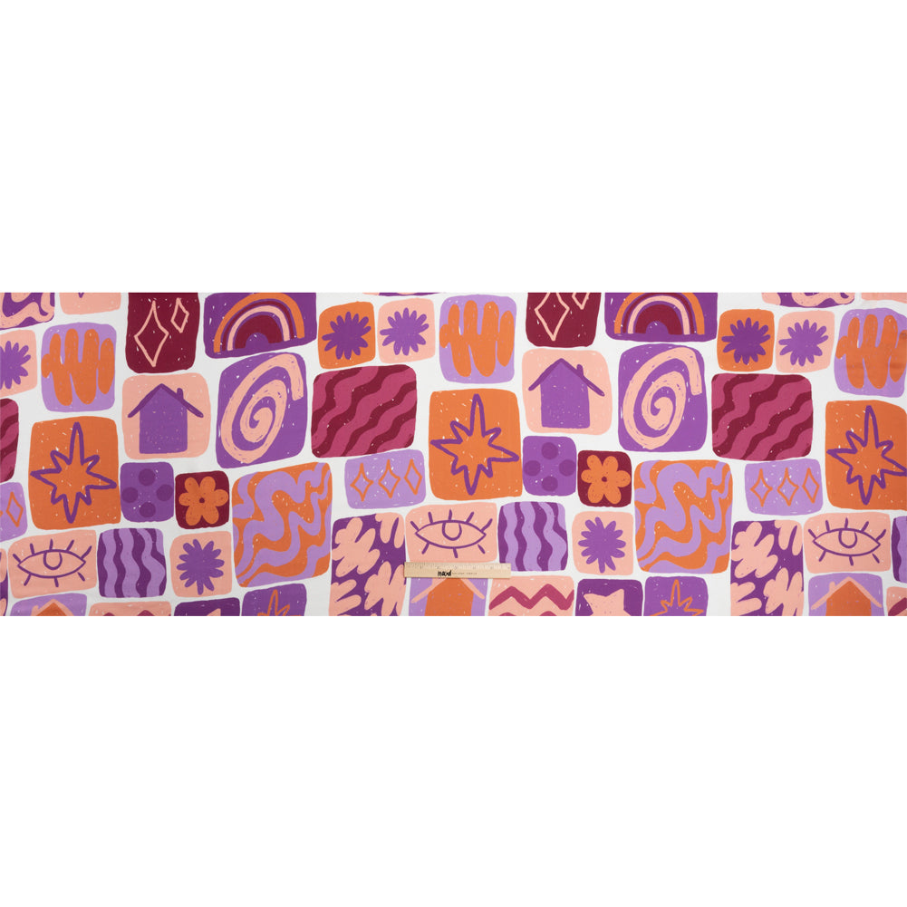 Sustainable and Recycled Viscose Satin Print - Purple and Orange Doodle Patches - Mood Exclusive Place in Space Drape