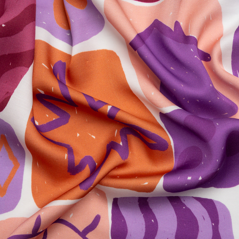 Sustainable and Recycled Viscose Satin Print - Purple and Orange Doodle Patches - Mood Exclusive Place in Space