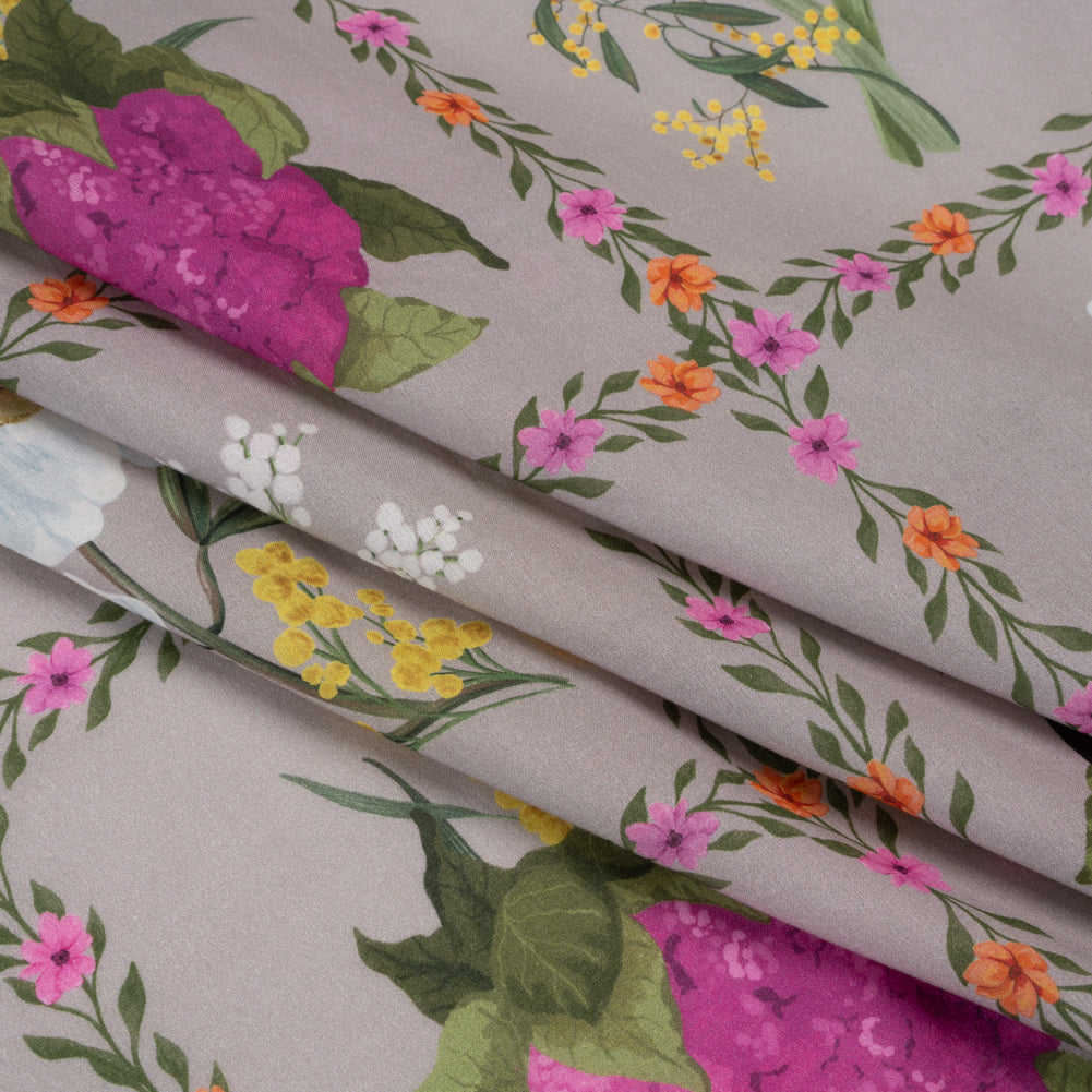 Cotton Voile Print - Beige, Yellow and Purple Floral and Vegetable Grid - Mood Exclusive Sunday with Nonna - Folded