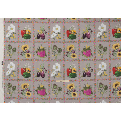 Cotton Voile Print - Beige, Yellow and Purple Floral and Vegetable Grid - Mood Exclusive Sunday with Nonna