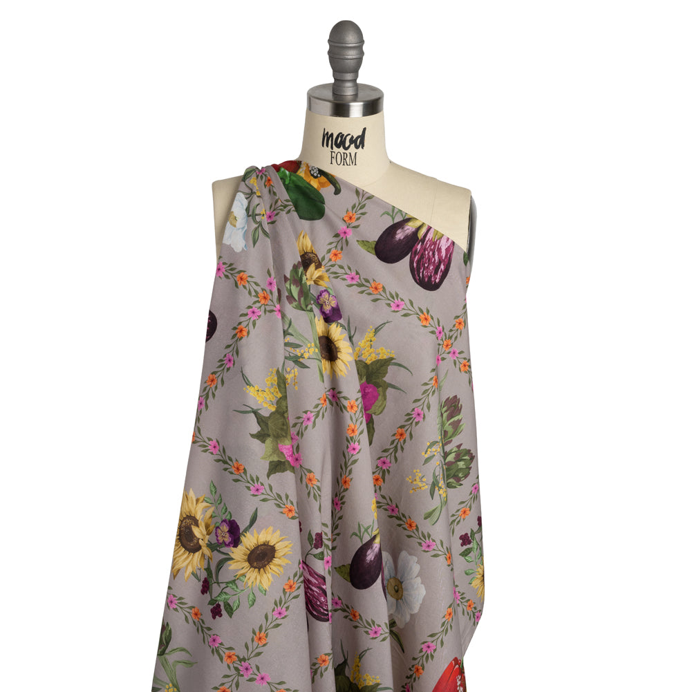 Cotton Voile Print - Beige, Yellow and Purple Floral and Vegetable Grid - Mood Exclusive Sunday with Nonna - Drape