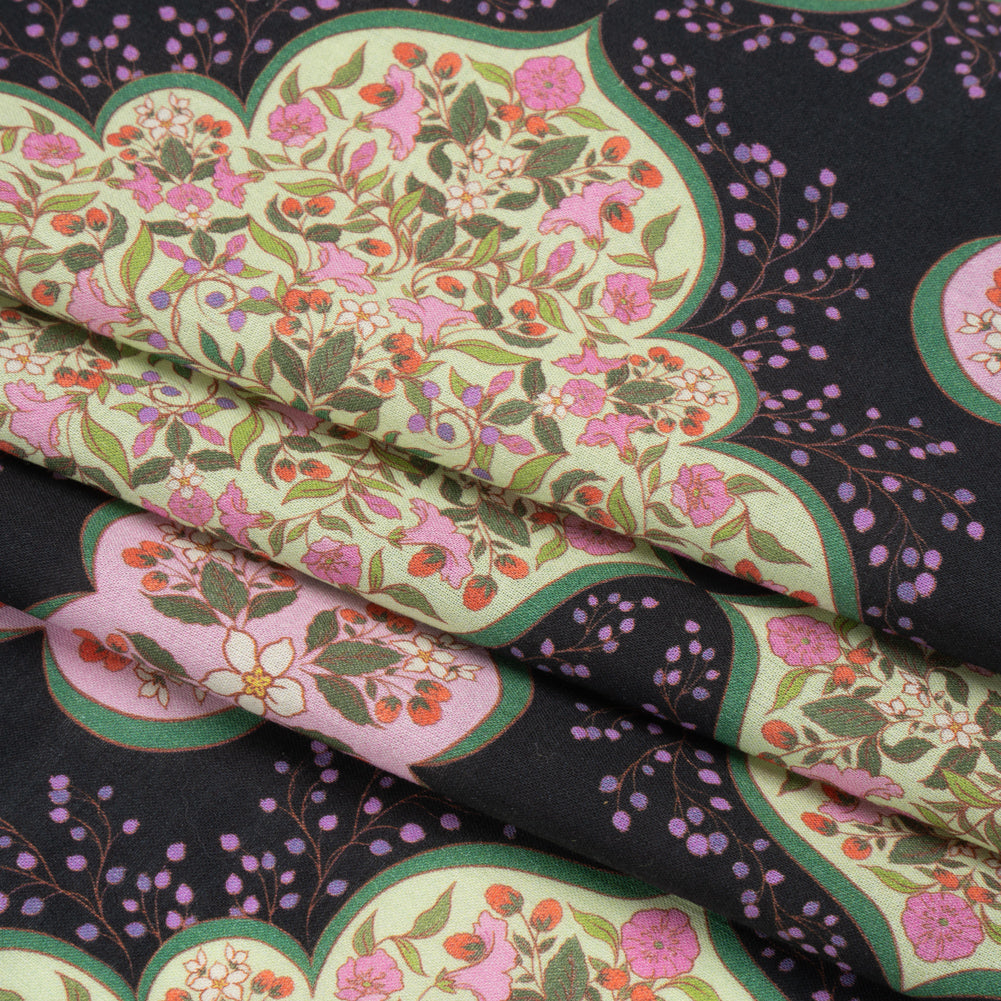 Cotton Voile Print - Black, Pink and Green Floral Tiles - Mood Exclusive Rosalind and Celia Folded