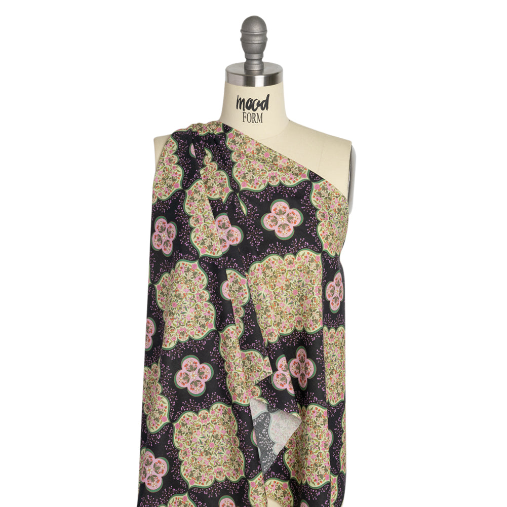 Cotton Voile Print - Black, Pink and Green Floral Tiles - Mood Exclusive Rosalind and Celia Drape