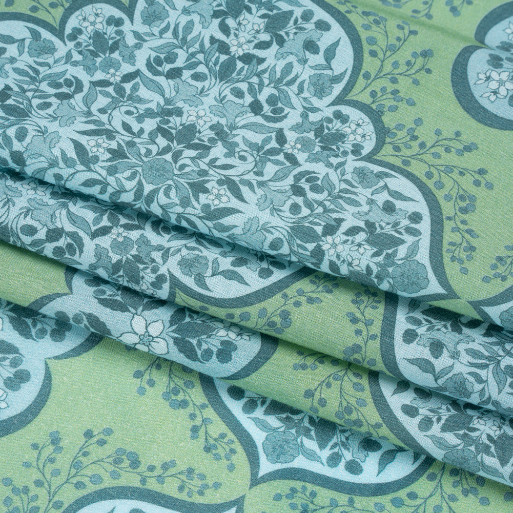 Cotton Voile Print - Green and Blue Floral Tiles - Mood Exclusive Rosalind and Celia Folded