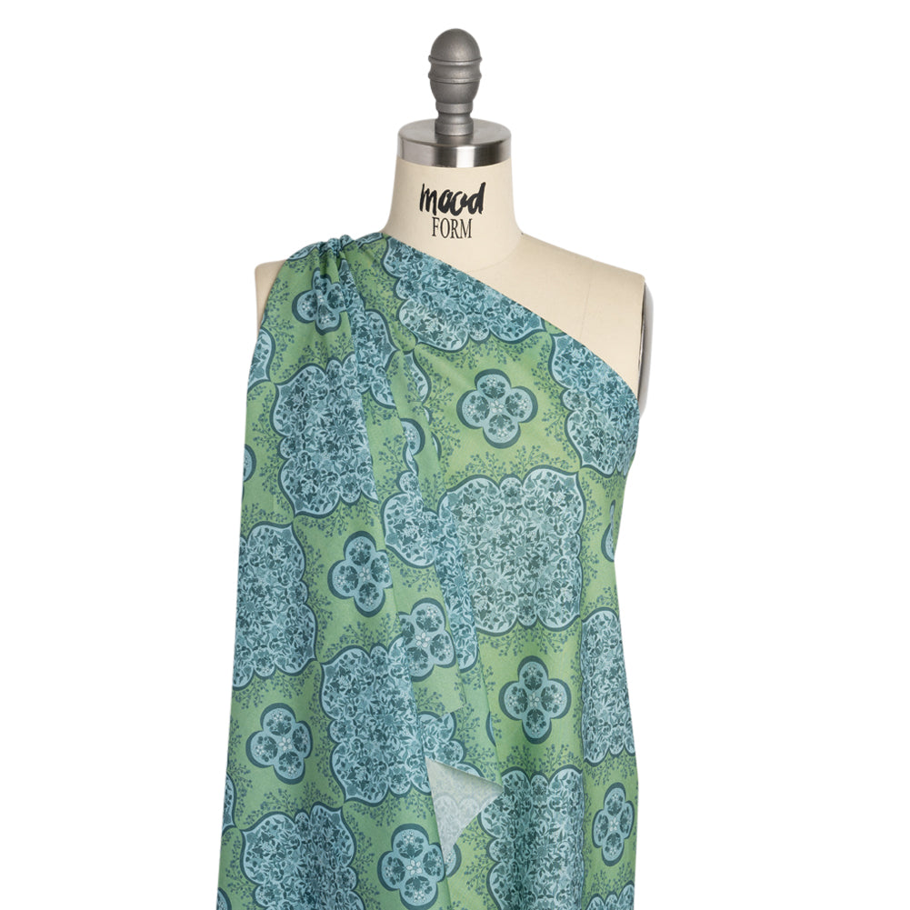 Cotton Voile Print - Green and Blue Floral Tiles - Mood Exclusive Rosalind and Celia Drape