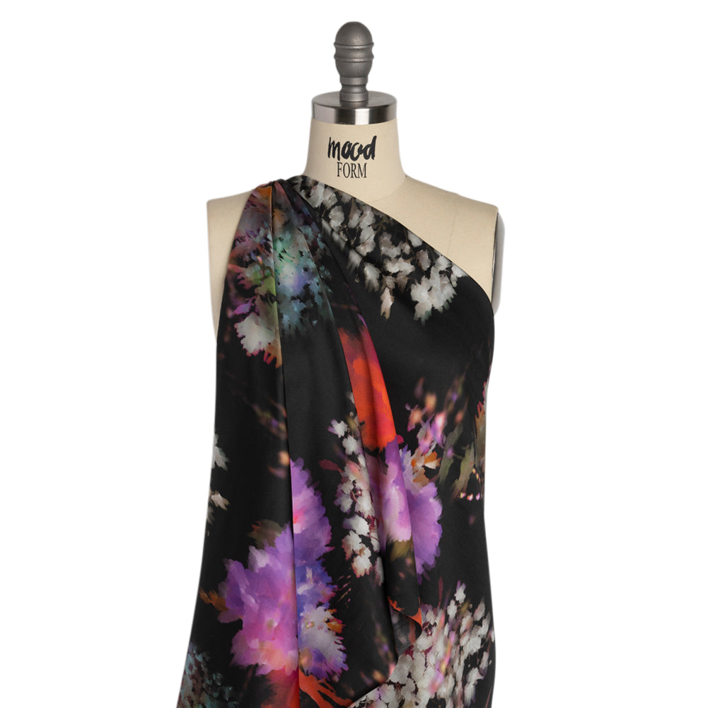 Sustainable and Recycled Viscose Satin Print - Purple, Red and Black Abstract Floral - Mood Exclusive Forest of Colors Detail