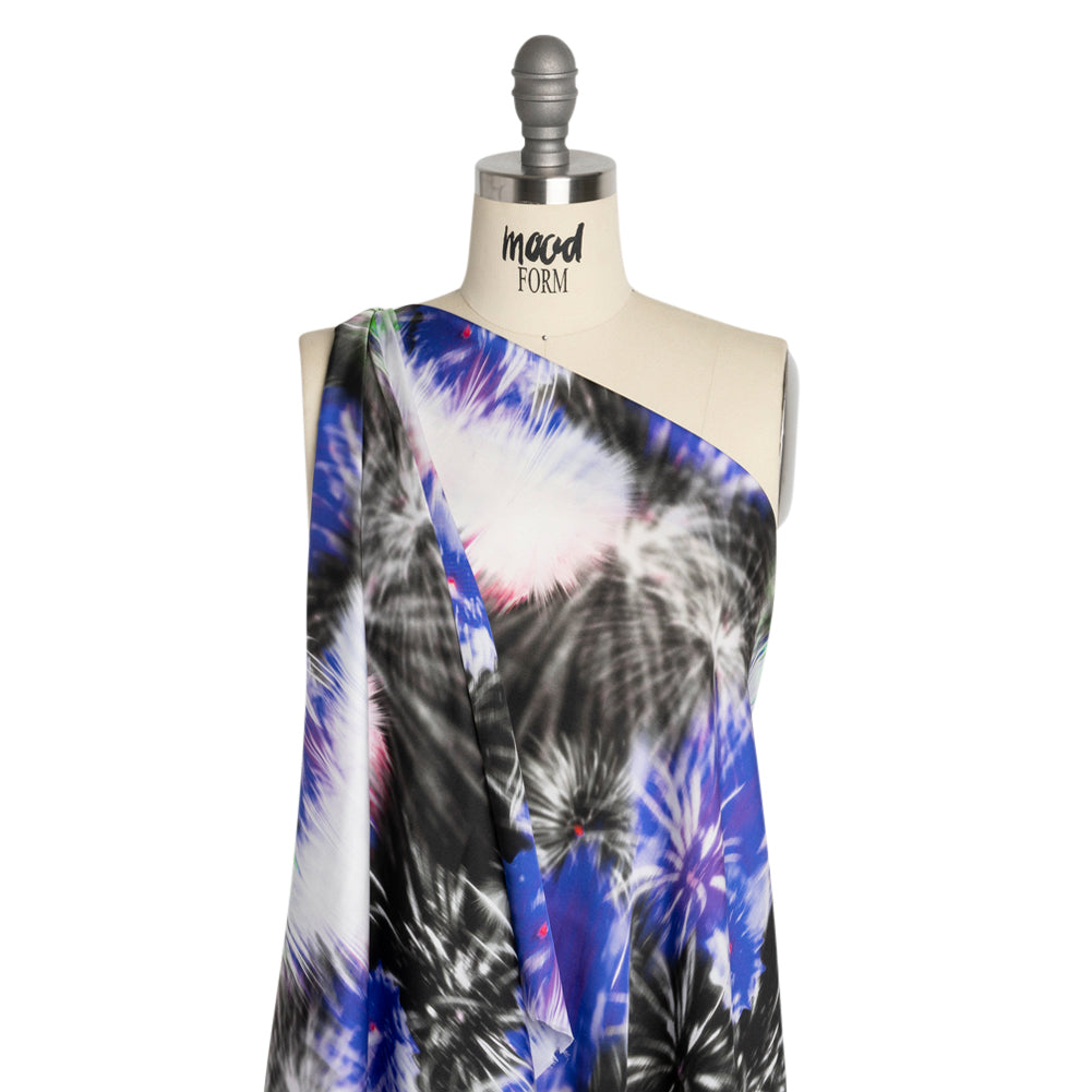 Sustainable and Recycled Viscose Satin Print - Blue and Black Fireworks - Mood Exclusive Skyrockets in Flight Detail