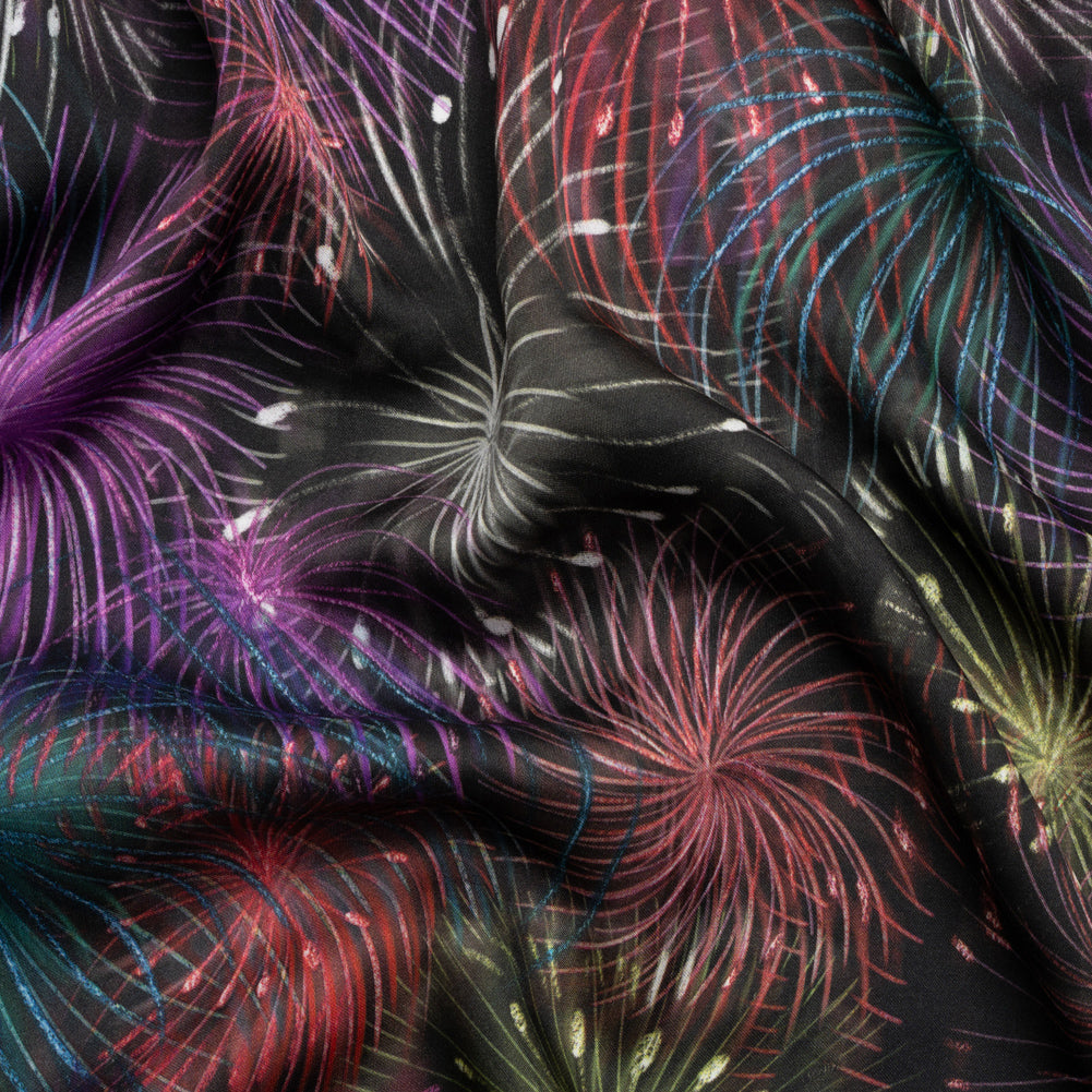 Sustainable and Recycled Viscose Satin Print - Purple, Red and Green Fireworks - Mood Exclusive Twilight's Last Gleaming