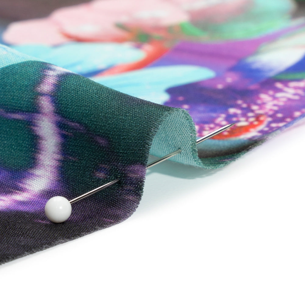 Sustainable and Recycled Viscose Satin Print - Blue, Purple and Green Glowing Flowers - Mood Exclusive Ignite the Light Folded