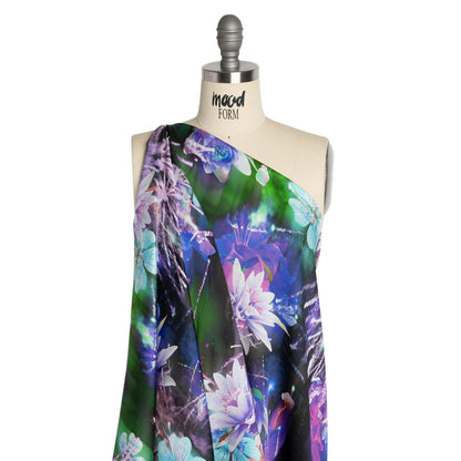 Sustainable and Recycled Viscose Satin Print - Blue, Purple and Green Glowing Flowers - Mood Exclusive Ignite the Light Detail