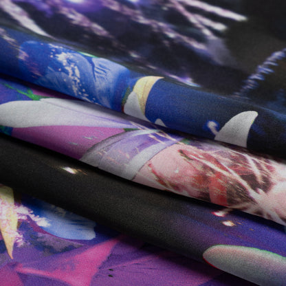 Sustainable and Recycled Viscose Satin Print - Blue, Purple and Green Glowing Flowers - Mood Exclusive Ignite the Light Full