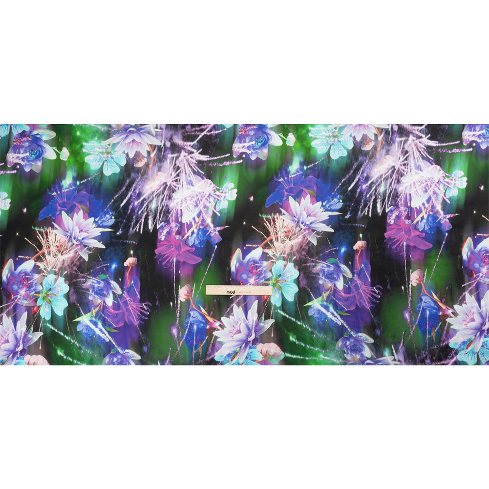 Sustainable and Recycled Viscose Satin Print - Blue, Purple and Green Glowing Flowers - Mood Exclusive Ignite the Light Drape