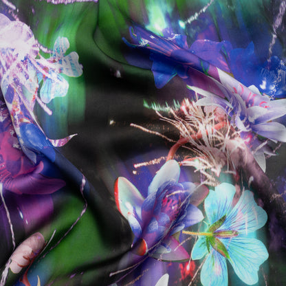 Sustainable and Recycled Viscose Satin Print - Blue, Purple and Green Glowing Flowers - Mood Exclusive Ignite the Light