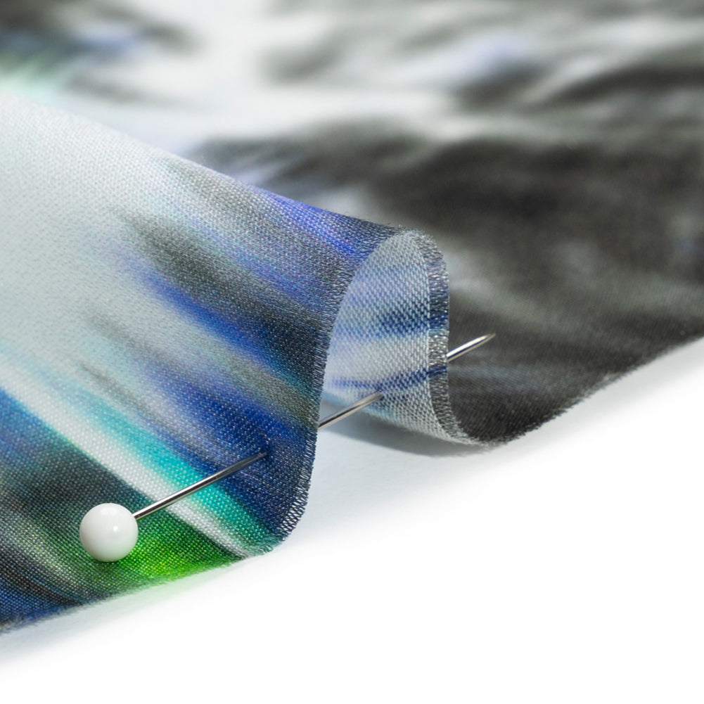 Sustainable and Recycled Viscose Satin Print - Green and Black Fireworks - Mood Exclusive Skyrockets in Flight Folded