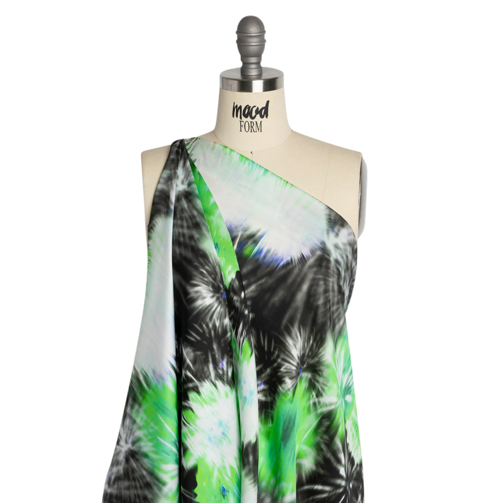 Sustainable and Recycled Viscose Satin Print - Green and Black Fireworks - Mood Exclusive Skyrockets in Flight Detail