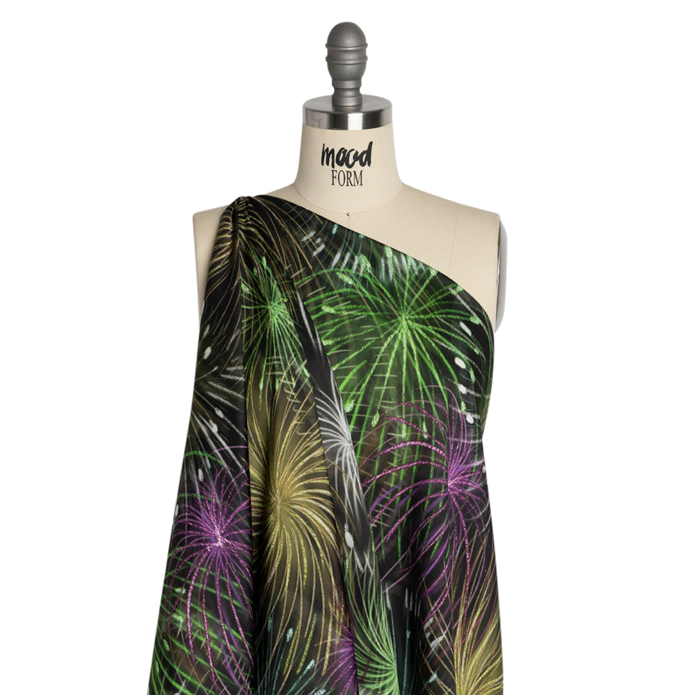Sustainable and Recycled Viscose Satin Print - Green, Purple and Yellow Fireworks - Mood Exclusive Twilight's Last Gleaming Detail
