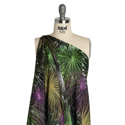 Sustainable and Recycled Viscose Satin Print - Green, Purple and Yellow Fireworks - Mood Exclusive Twilight's Last Gleaming Detail