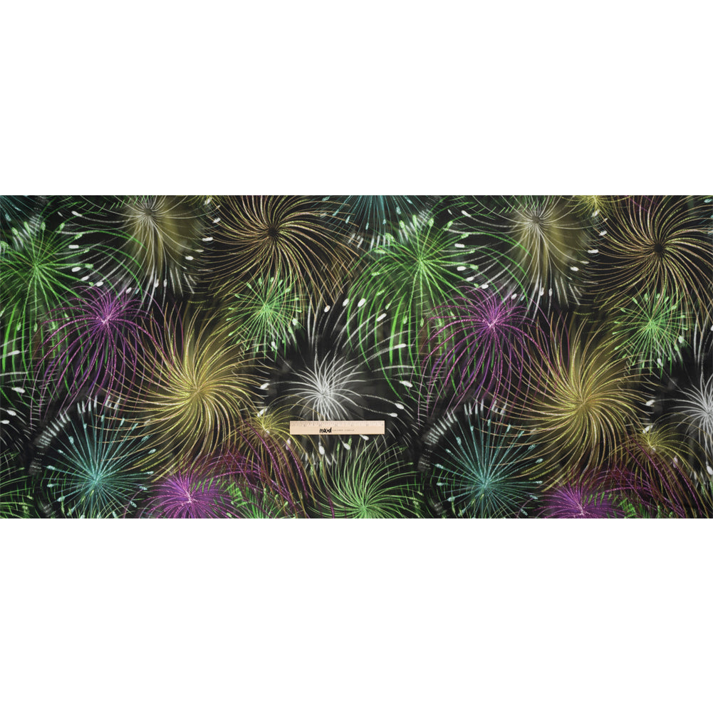 Sustainable and Recycled Viscose Satin Print - Green, Purple and Yellow Fireworks - Mood Exclusive Twilight's Last Gleaming Drape