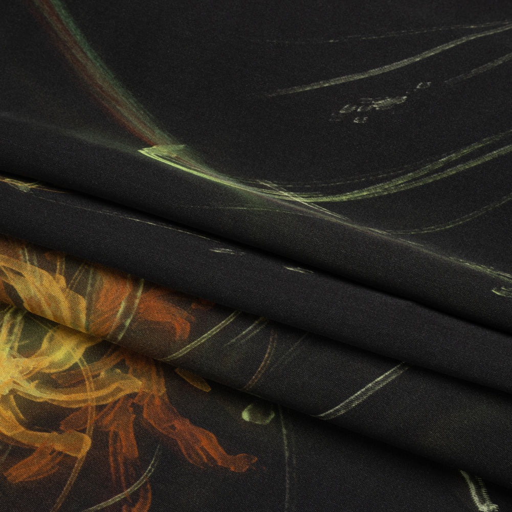 Sustainable and Recycled Viscose Satin Print - Golden Yellow and Black Glowing Florals - Mood Exclusive Marine Magic Full