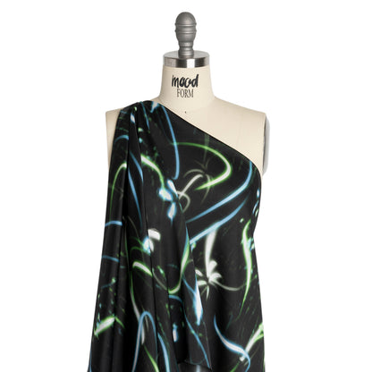 Sustainable and Recycled Viscose Satin Print - Green and Blue Light Streaks - Mood Exclusive Shutter Speed Racer Detail