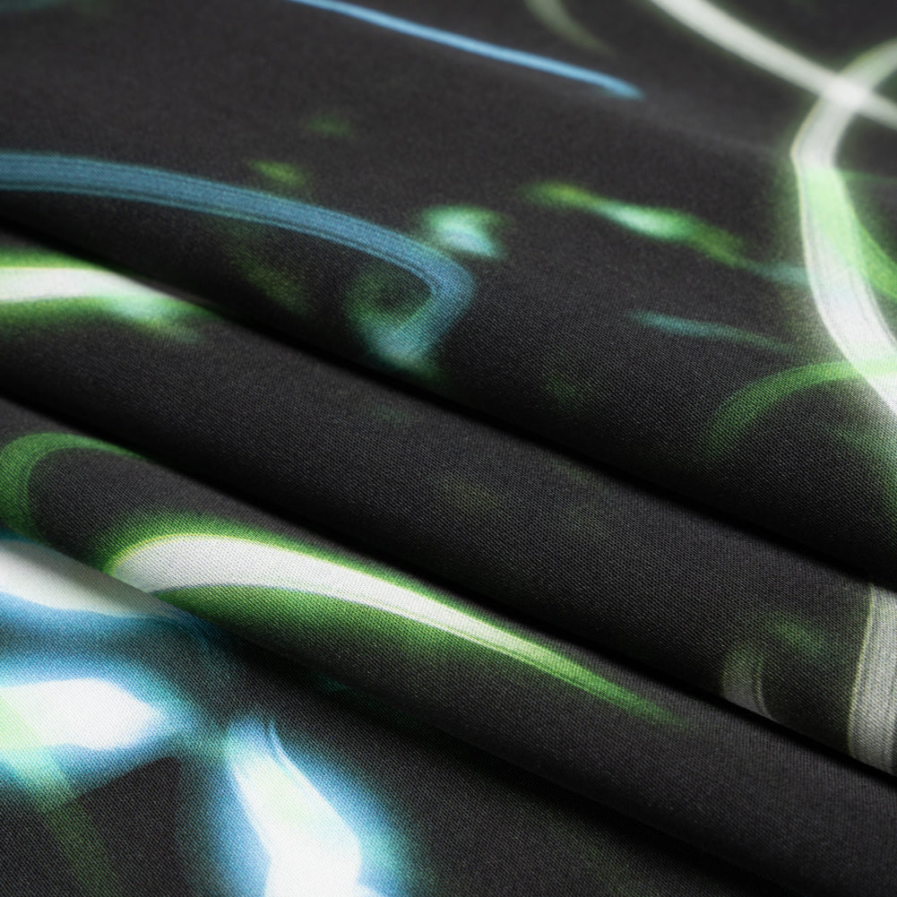 Sustainable and Recycled Viscose Satin Print - Green and Blue Light Streaks - Mood Exclusive Shutter Speed Racer Full