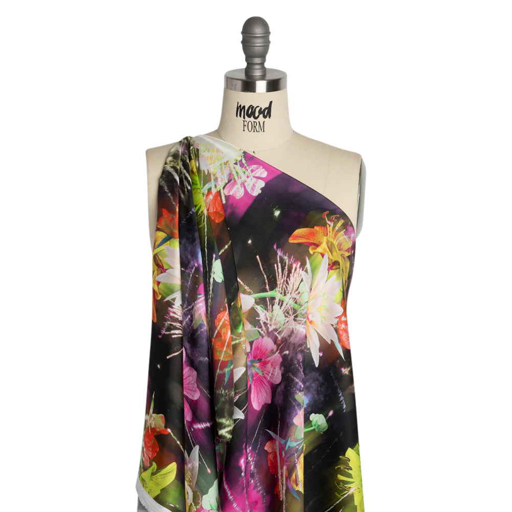 Sustainable and Recycled Viscose Satin Print - Pink, Orange and Yellow Glowing Flowers - Mood Exclusive Ignite the Light Detail