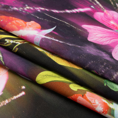 Sustainable and Recycled Viscose Satin Print - Pink, Orange and Yellow Glowing Flowers - Mood Exclusive Ignite the Light Full