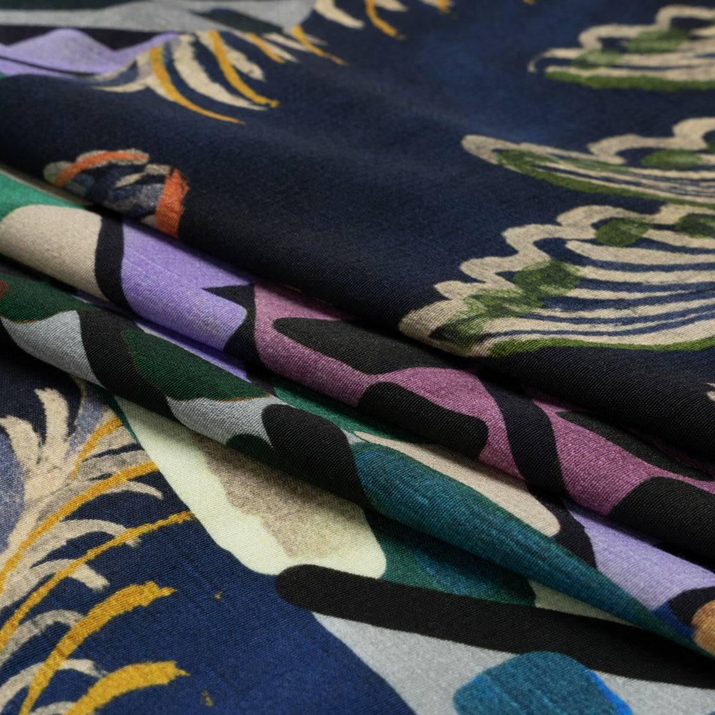 Sustainable Viscose Crepe Print - Blue, Green and Periwinkle Leafy and Geometric Patchwork - Mood Exclusive Curtain Call Folded