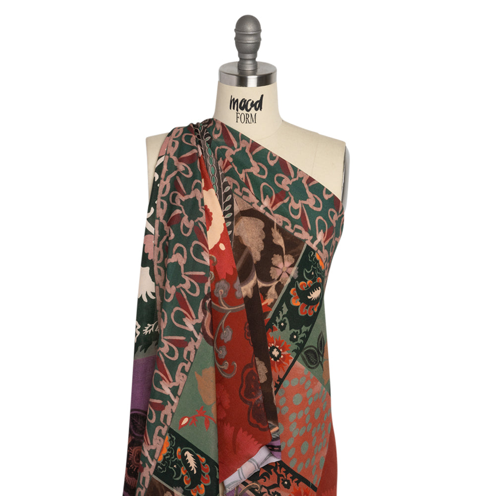 Sustainable Viscose Crepe Print - Red and Dark Teal Floral and Abstract Patches - Mood Exclusive Poppy Patchwork Detail
