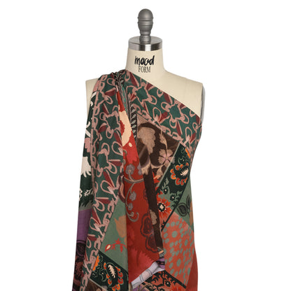 Sustainable Viscose Crepe Print - Red and Dark Teal Floral and Abstract Patches - Mood Exclusive Poppy Patchwork Detail