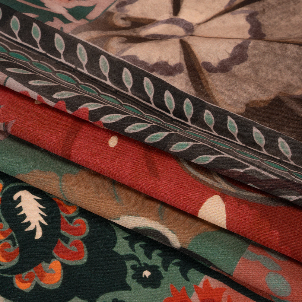 Sustainable Viscose Crepe Print - Red and Dark Teal Floral and Abstract Patches - Mood Exclusive Poppy Patchwork Full