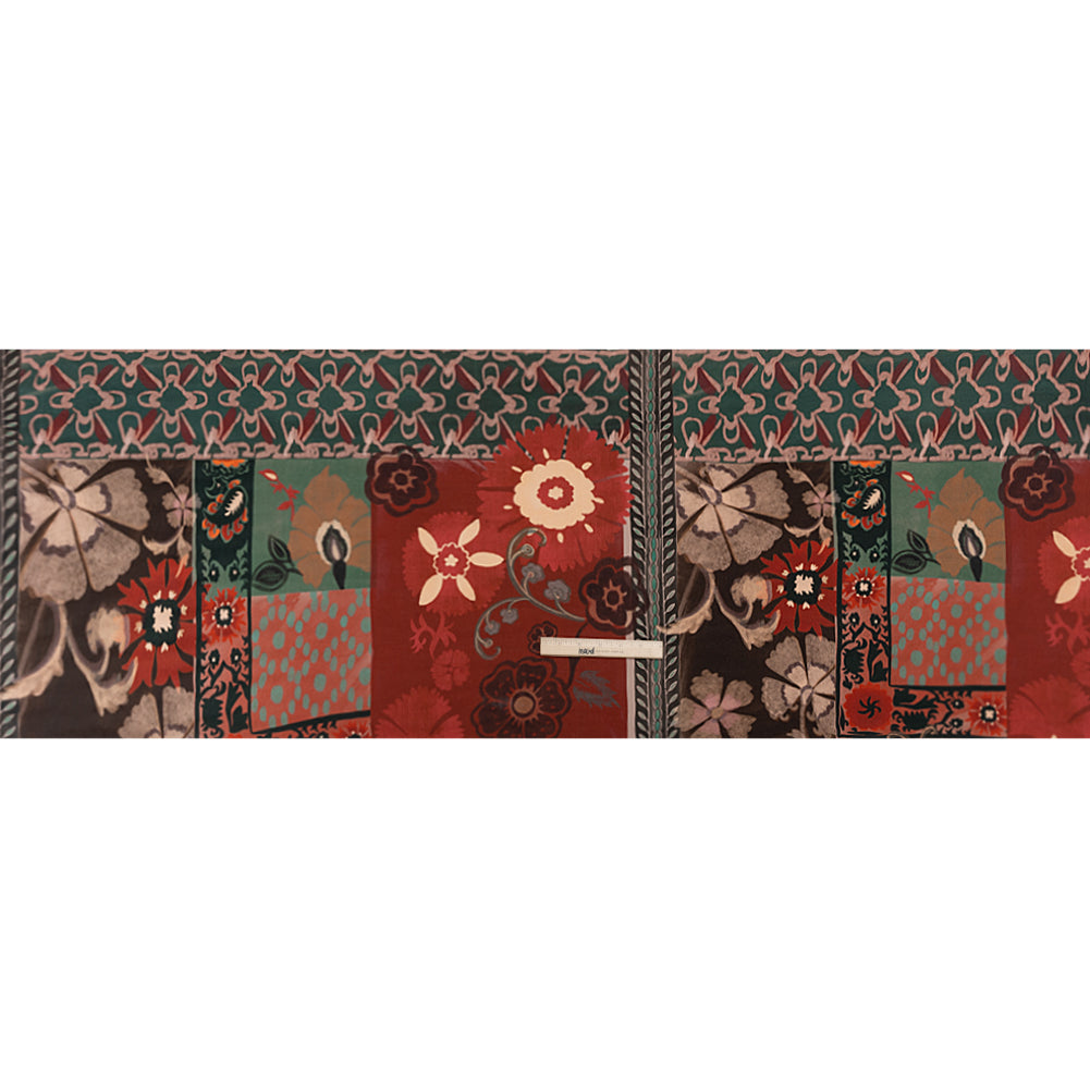 Sustainable Viscose Crepe Print - Red and Dark Teal Floral and Abstract Patches - Mood Exclusive Poppy Patchwork Drape