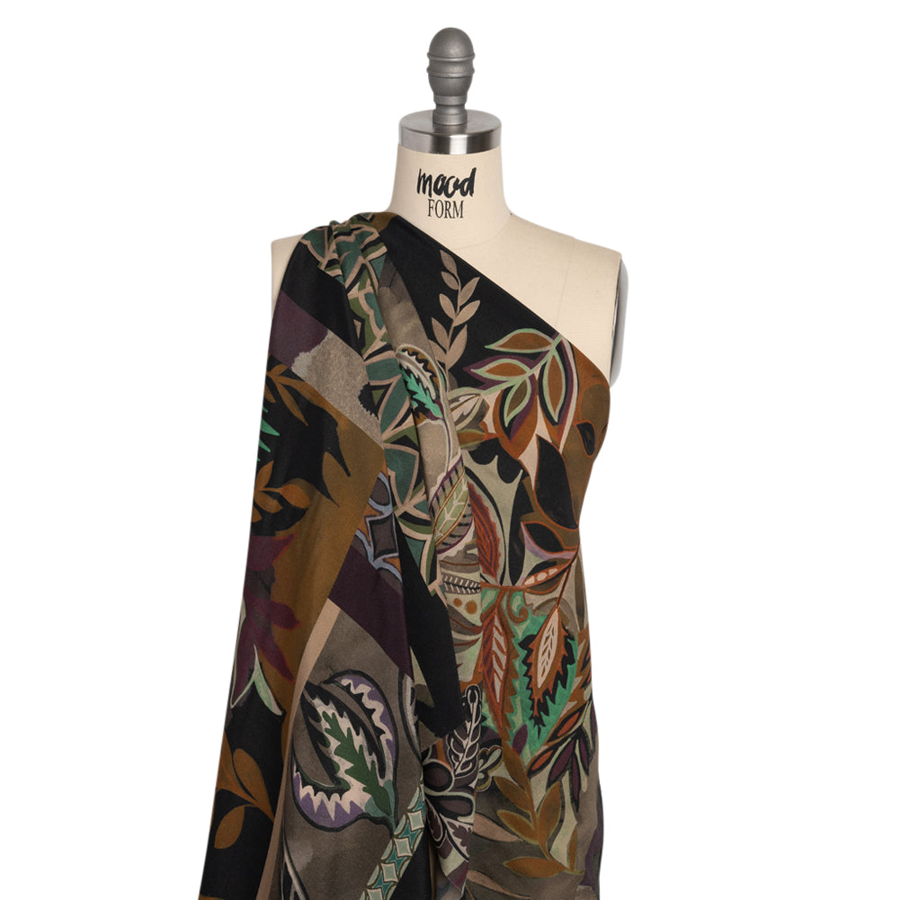 Sustainable Viscose Crepe Print - Brown and Green Leafy and Geometric Patchwork - Mood Exclusive Overgrown Life Detail