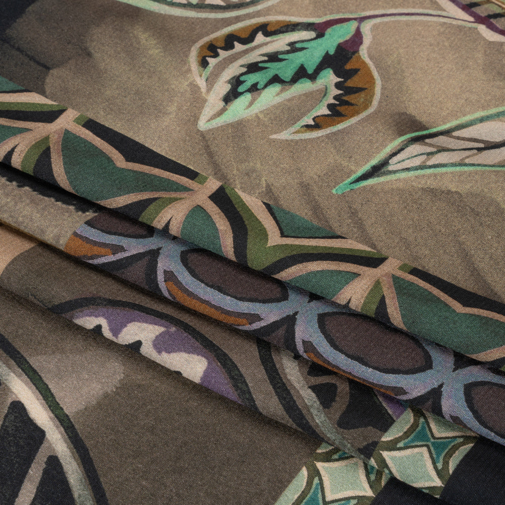 Sustainable Viscose Crepe Print - Brown and Green Leafy and Geometric Patchwork - Mood Exclusive Overgrown Life Full