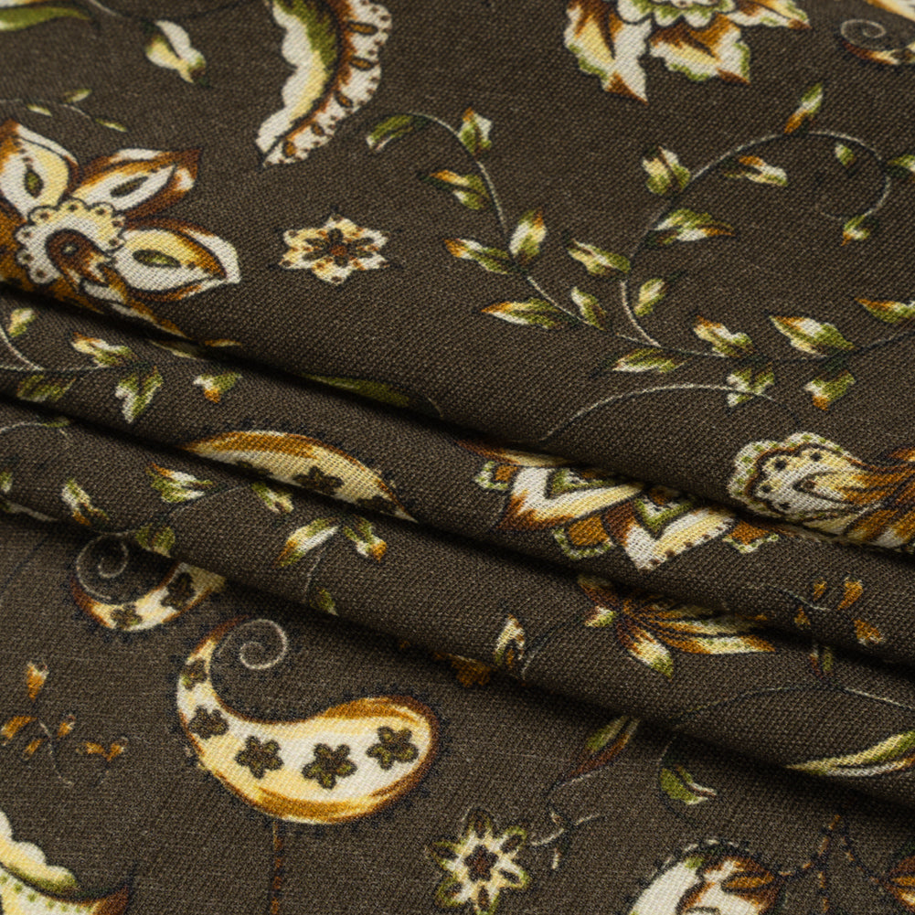 Gauzy Viscose Crepe Print - Charcoal, Green and Brown Jacobean Floral - Mood Exclusive Wooded Wonders Folded