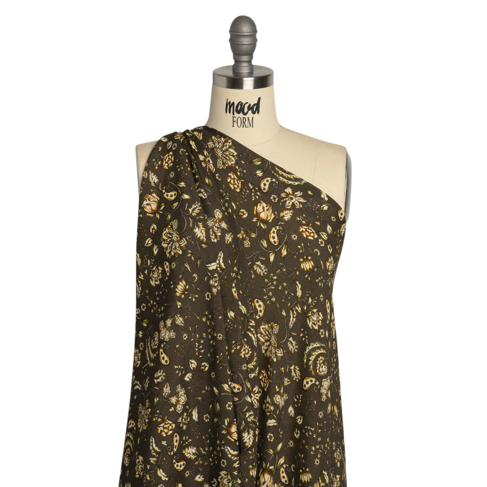 Gauzy Viscose Crepe Print - Charcoal, Green and Brown Jacobean Floral - Mood Exclusive Wooded Wonders Drape