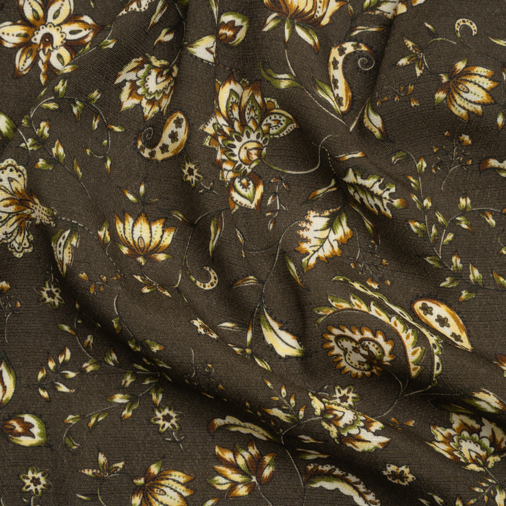 Gauzy Viscose Crepe Print - Charcoal, Green and Brown Jacobean Floral - Mood Exclusive Wooded Wonders