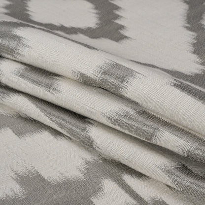 White and Silver Geometric Ikat Viscose, Polyester and Linen Drapery Jacquard Folded