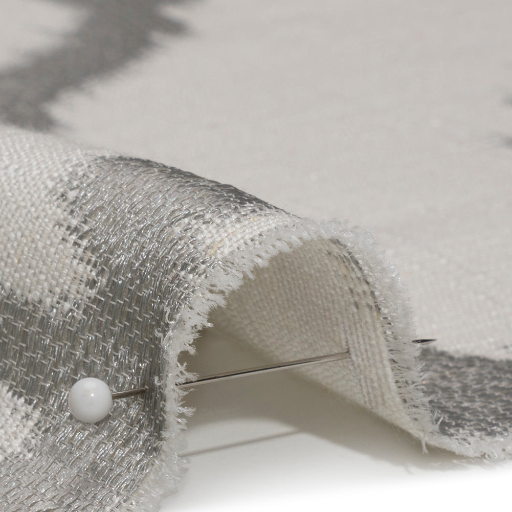 White and Silver Geometric Ikat Viscose, Polyester and Linen Drapery Jacquard Detail