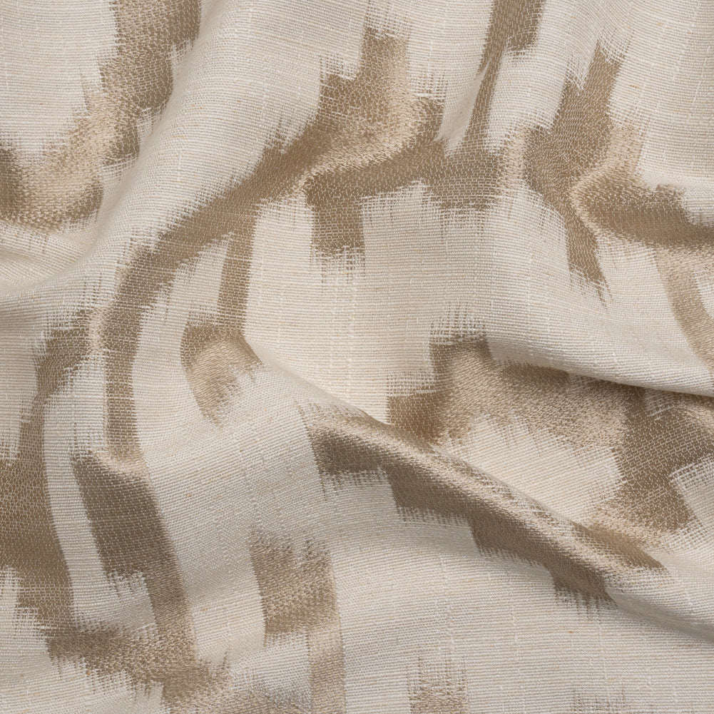 Ivory and Taupe Geometric Ikat Viscose, Polyester and Linen Drapery Jacquard