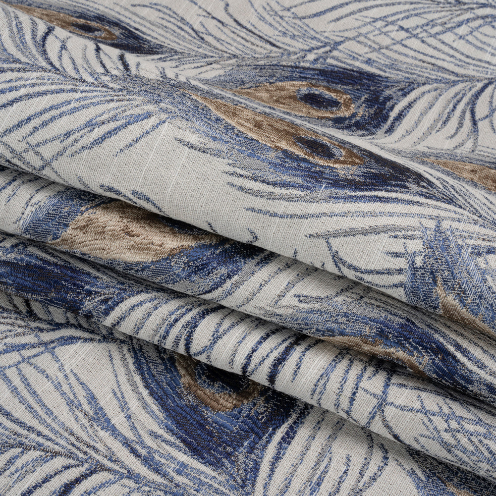 Indigo Peacock Feathers Upholstery Jacquard Folded