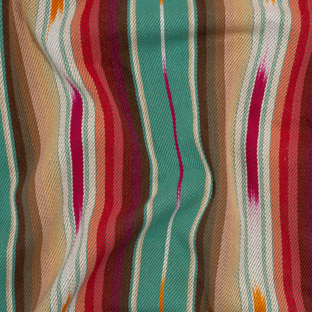 Arizona Turquoise, Brown and Pink Ikat Stripes Cotton Twill
