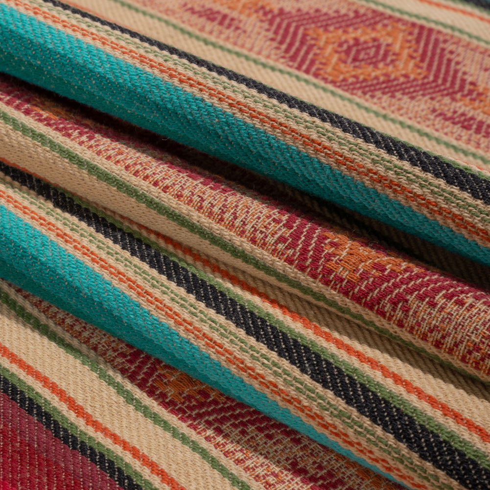 Arizona Red, Beige and Turquoise Diamond and Ombre Stripes Cotton Twill - Folded