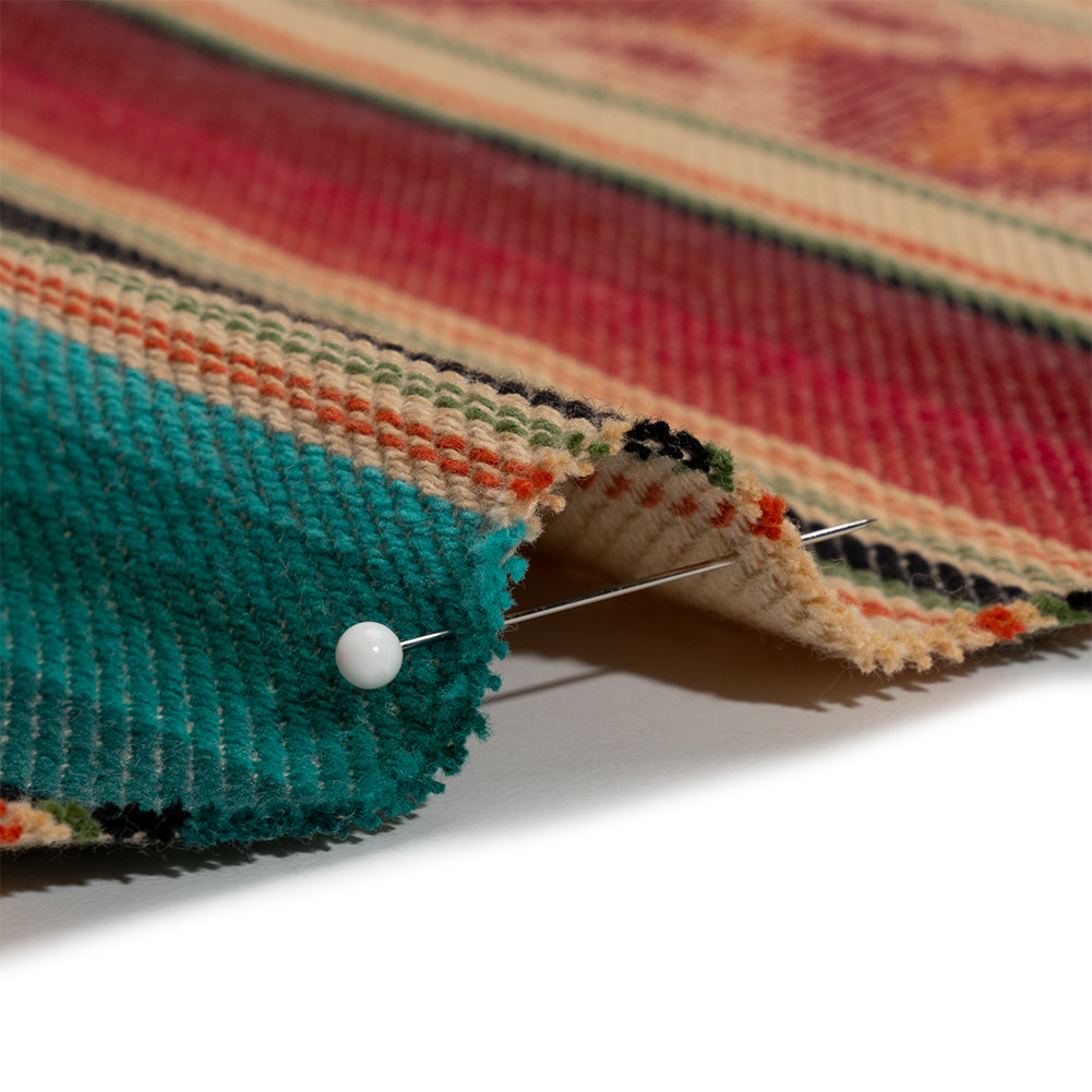 Arizona Red, Beige and Turquoise Diamond and Ombre Stripes Cotton Twill - Detail