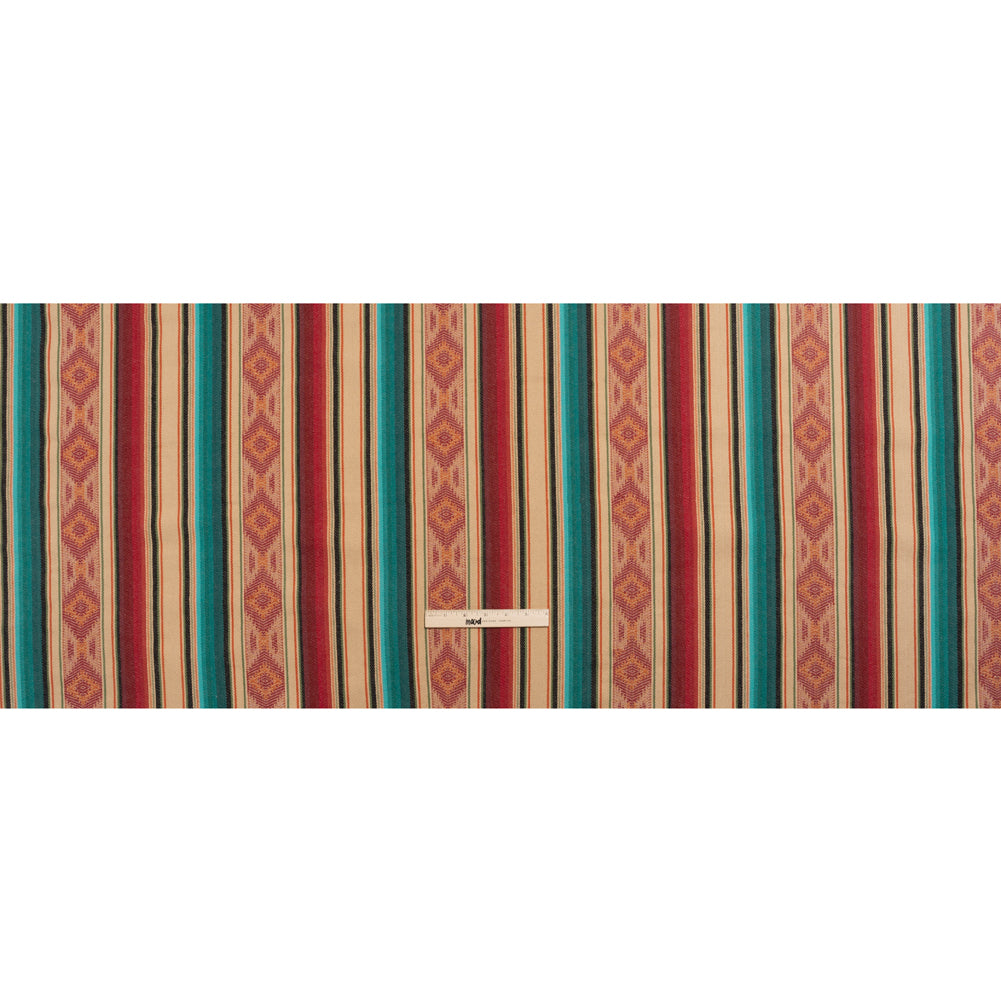 Arizona Red, Beige and Turquoise Diamond and Ombre Stripes Cotton Twill - Full