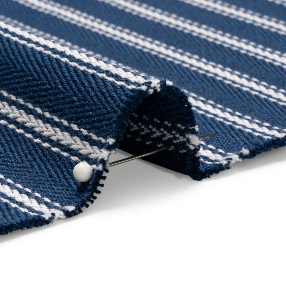 White on Navy Ticking Stripes Cotton Herringbone Twill Detail