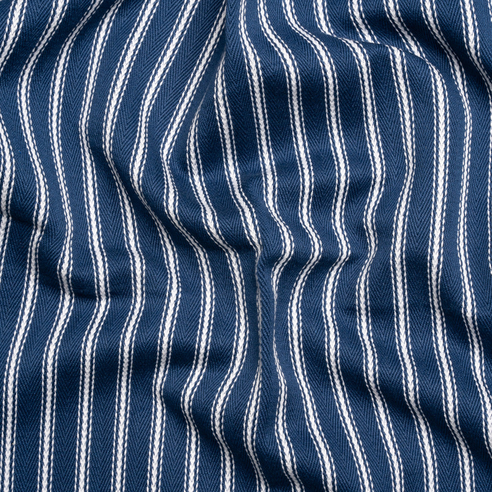 White on Navy Ticking Stripes Cotton Herringbone Twill