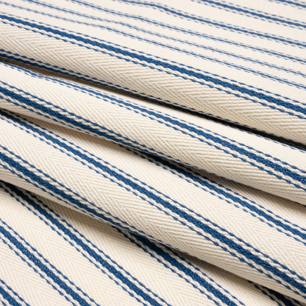 Navy on White Ticking Stripes Cotton Herringbone Twill Folded