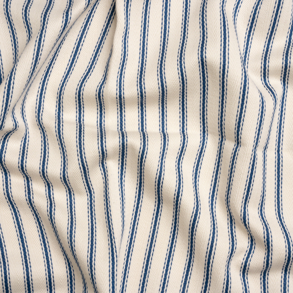 Navy on White Ticking Stripes Cotton Herringbone Twill